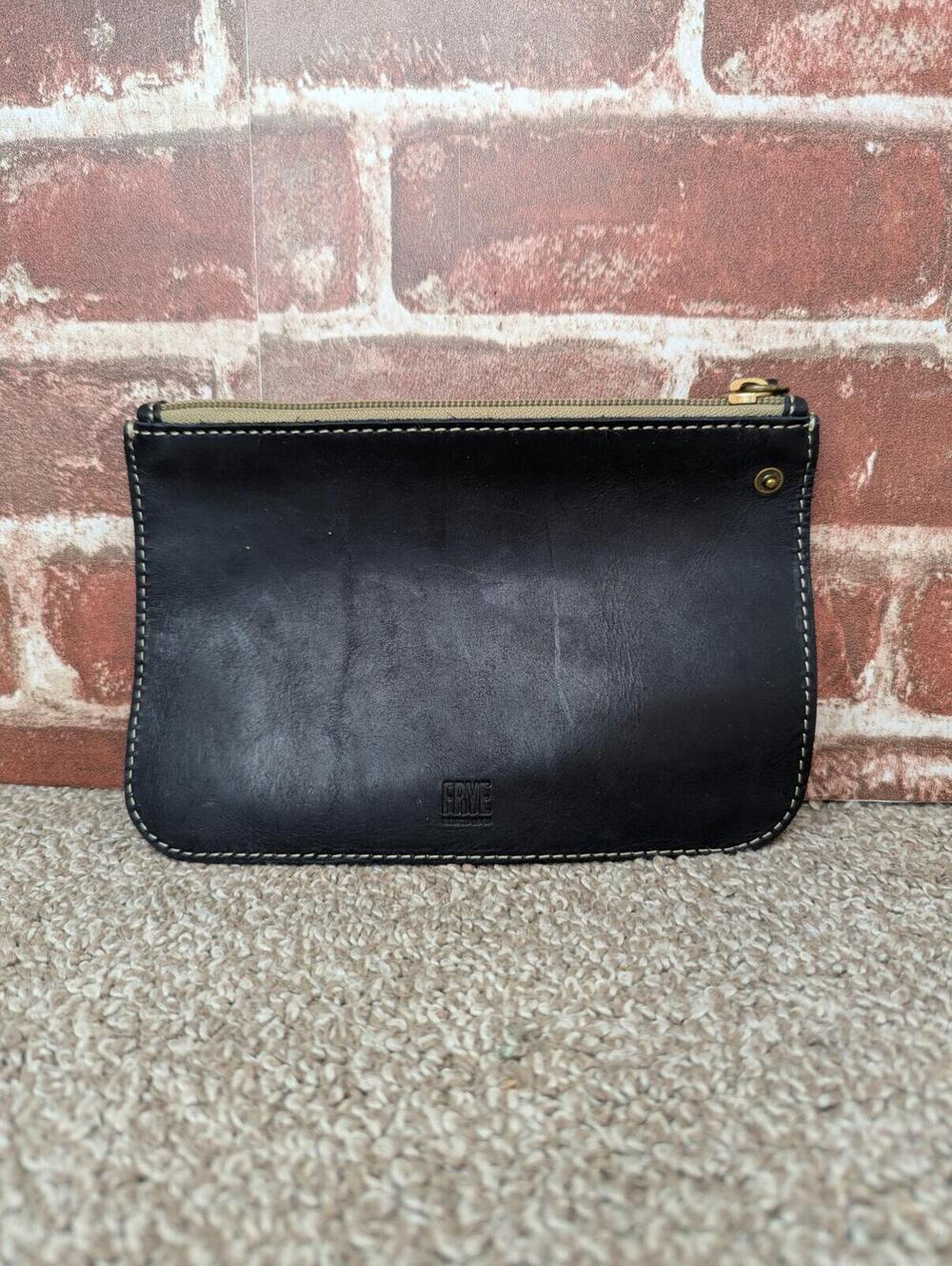FRYE Black Leather Clutch Genuine Top Zip - Cosmetic Travel Bag Pouch